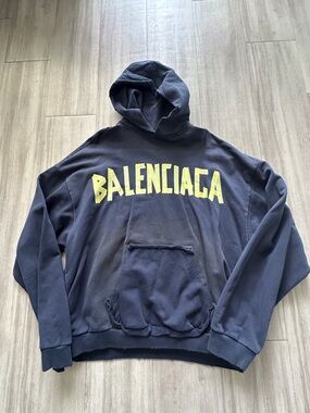 Balenciaga Navy Hoodie with Yellow Logo - Men's Streetwear Pullover (LARGE)
